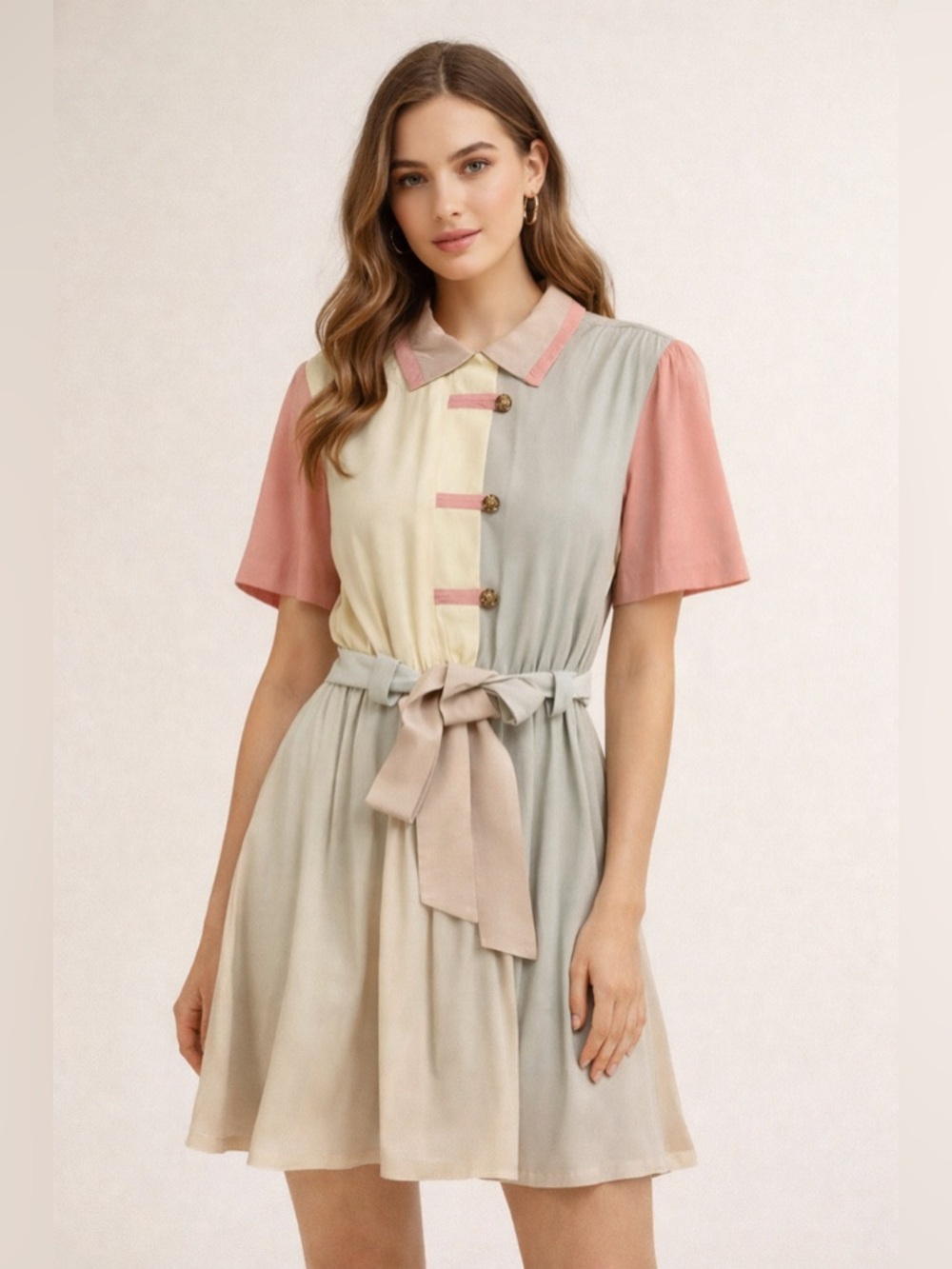 Alexis Colorblock Dress Vintage  Pastel Midi Belted Collared Button Front Womens